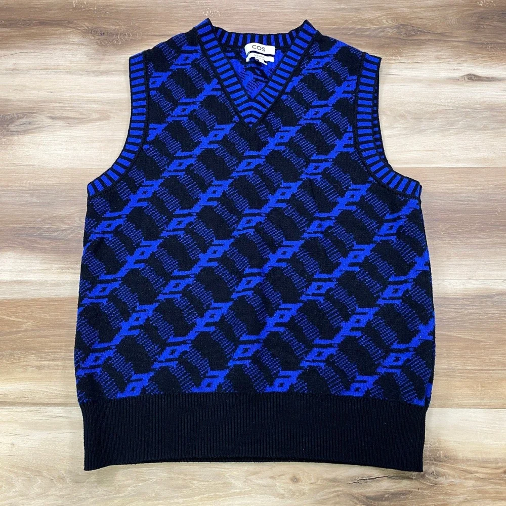 COS Sweater Vest Mens M Geometric Jacquard Cotton Wool Regular Blue Black Modern